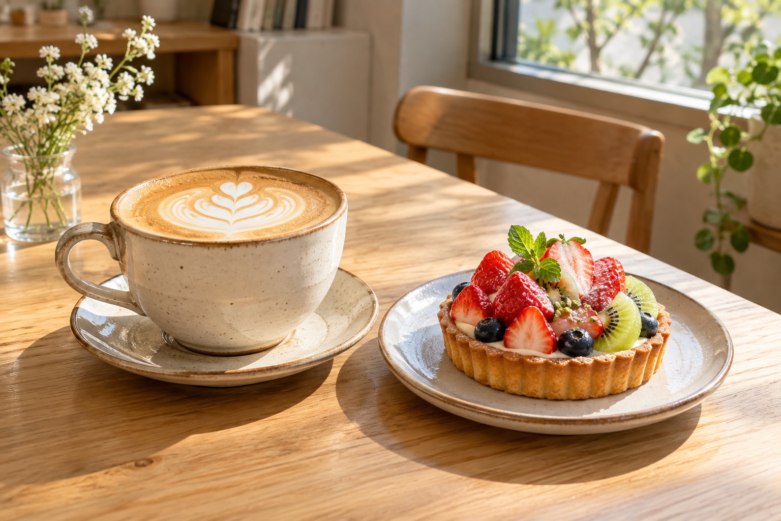 自然光のカフェテーブルとフルーツタルト、ラテを見せたCAFE LUNEのLP完成見本用の架空デモ写真