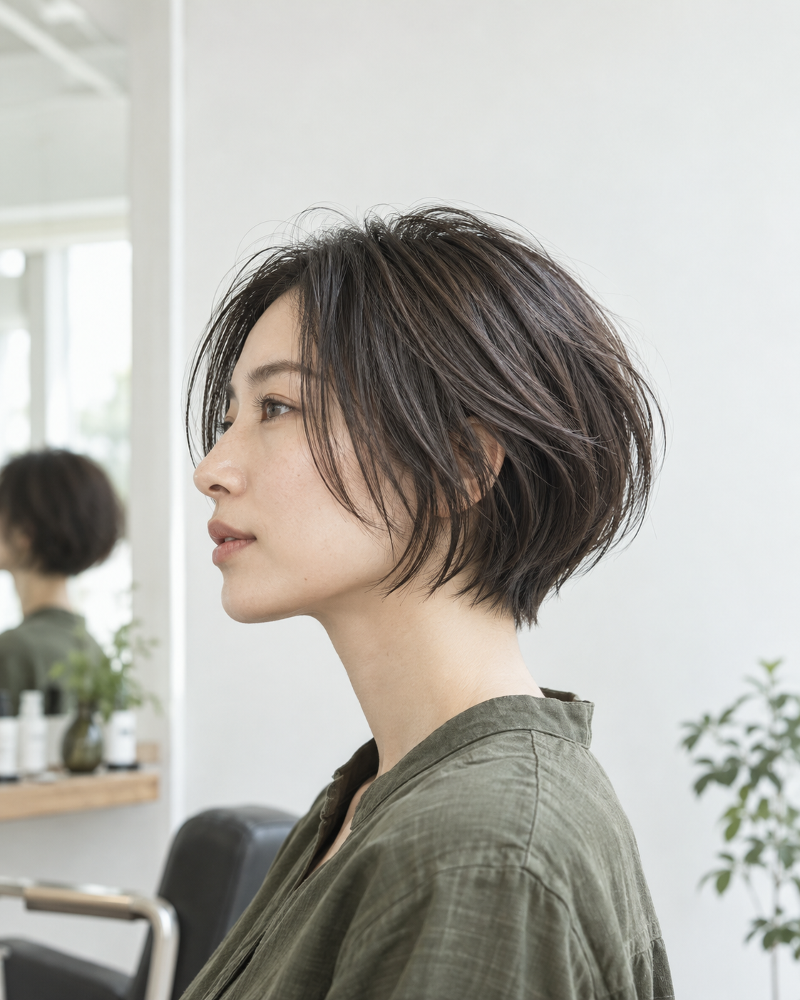 髪の質感が見えるショートボブスタイルの架空デモ写真